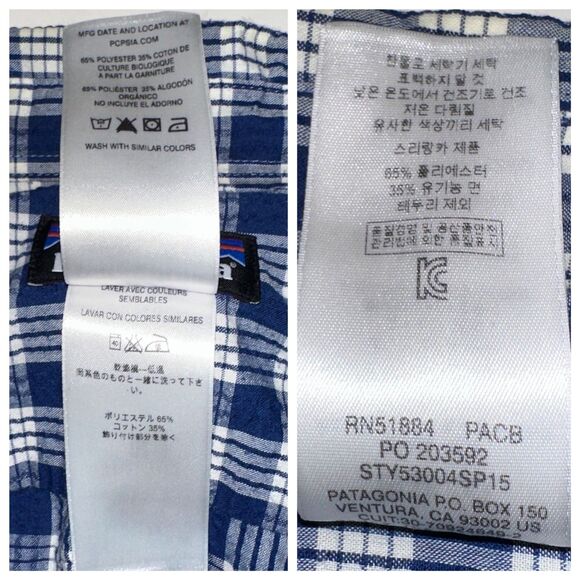 Patagonia Men's M Plaid Seersucker Shirt SS Button Up Blue White Organic Cotton - Picture 9 of 9